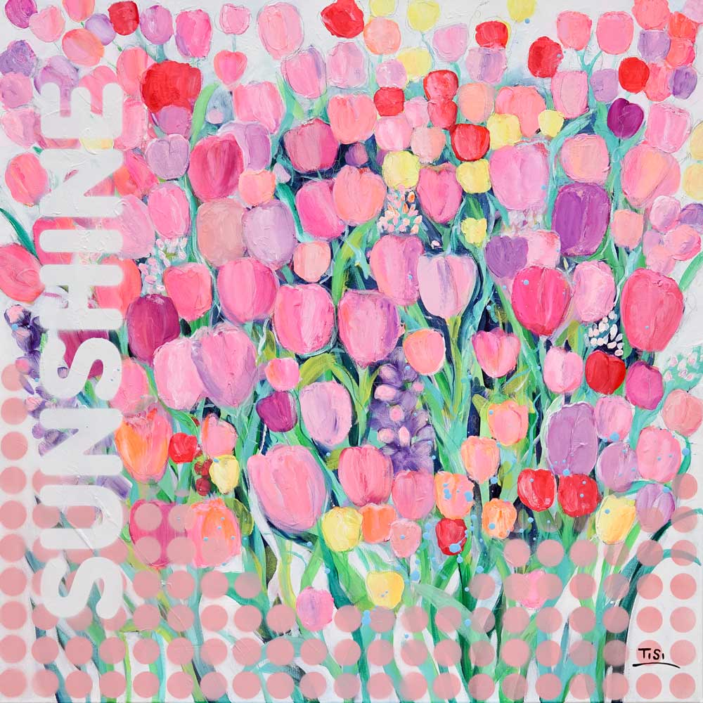 Pop Art Tulpenfeld "Sunshine" © Silke Timpe 2021 Farbenfrohes Bär Tierportrait moderne Pop Art Kunst Silke Timpe