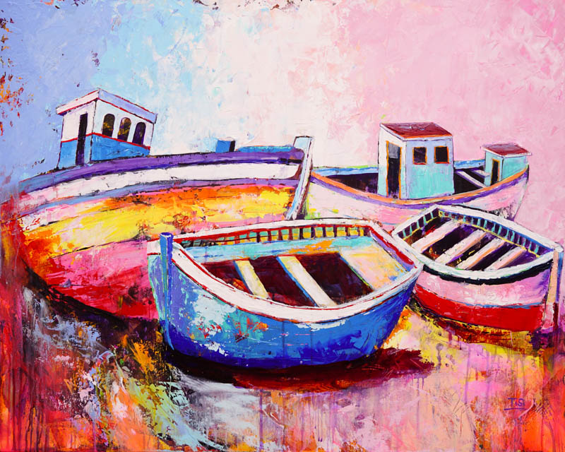 Modernes farbenfrohes Gemälde mit vier Booten "Boats: Low Tide" © Silke Timpe