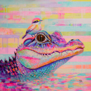 Farbintensives Acrylgemälde von Silke Timpe mit symbolischem Tiermotiv in Neonfarben – Ausdruck von Vertrauen, Intuition und innerer Stärke.