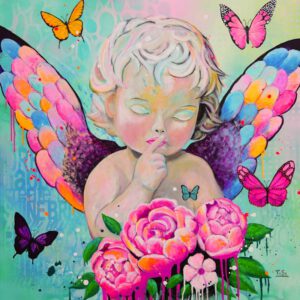 Mixed-Media-Kunstwerk von Silke Timpe mit sanften Rosa-, Türkis- und Goldtönen – inspiriert von inneren Stimmen und Geheimnissen der Seele.