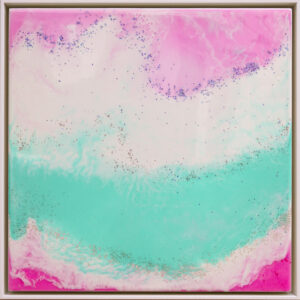 Resin-Kunstwerk von Silke Timpe in Rosa-, Türkis- und Glitzertönen – Sinnbild für Erinnerung, Zeit und Bewegung.