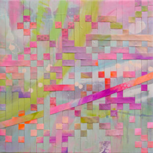 Modernes Mixed-Media-Werk von mit gewebter Leinwand von Silke Timpe mit grafischen Mustern und Goldakzenten – über Verwurzelung, Verbindung und Zusammenhalt.