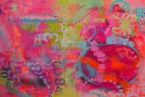 Leuchtendes Mixed-Media-Kunstwerk mit Schriftfragmenten und Wurzelmotiven von Silke Timpe – Sinnbild für Identität und Herkunft.