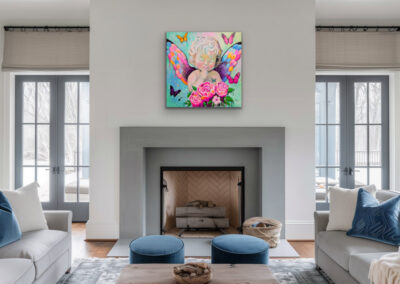 Mixed-Media-Gemälde „THE SECRET: INNER ECHOES“ – Kind mit Flügeln und Schmetterlingen, Symbol für Erinnerung, Hoffnung und positive Energie.