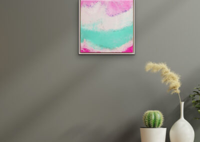 Resin-Kunstwerk „FLOW OF MEMORY“ – abstraktes Werk mit rosa und türkisfarbenen Wellen, Symbol für Erinnerung und Bewegung.