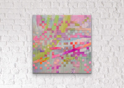 Mixed-Media-Gemälde „ROOTED. INTERWOVEN. CONNECTED.“ – abstraktes Werk mit gewebten Farbflächen, Symbol für Balance und Verbundenheit.