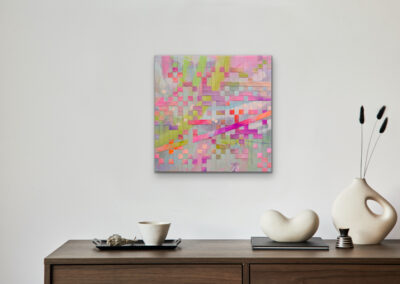 Mixed-Media-Gemälde „ROOTED. INTERWOVEN. CONNECTED.“ – abstraktes Werk mit gewebten Farbflächen, Symbol für Balance und Verbundenheit.