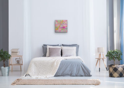 Mixed-Media-Gemälde „ROOTED. INTERWOVEN. CONNECTED.“ – abstraktes Werk mit gewebten Farbflächen, Symbol für Balance und Verbundenheit.