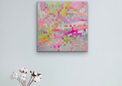 Mixed-Media-Gemälde „ROOTED. INTERWOVEN. CONNECTED.“ – abstraktes Werk mit gewebten Farbflächen, Symbol für Balance und Verbundenheit.