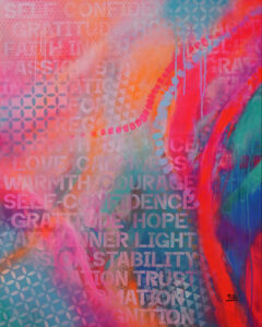 Mixed-Media-Gemälde „ROOTED WITHIN“ – modernes, farbintensives Kunstwerk mit Neon- und Pastelltönen, Symbol für Energie und Selbstvertrauen.