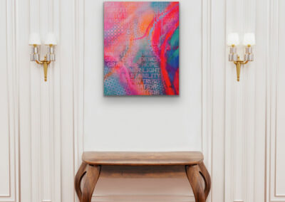 Mixed-Media-Gemälde „ROOTED WITHIN“ – modernes, farbintensives Kunstwerk mit Neon- und Pastelltönen, Symbol für Energie und Selbstvertrauen.