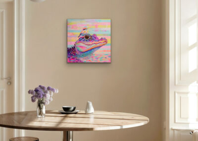 Acrylgemälde „TRUST – IT ALL BEGINS WITHIN“ – bunter Alligator mit Vogel, Symbol für Vertrauen, Mut und Lebensfreude.