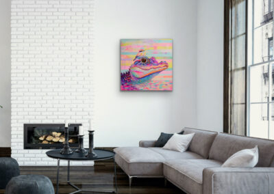 Acrylgemälde „TRUST – IT ALL BEGINS WITHIN“ – bunter Alligator mit Vogel, Symbol für Vertrauen, Mut und Lebensfreude.