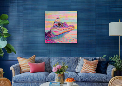 Acrylgemälde „TRUST – IT ALL BEGINS WITHIN“ – bunter Alligator mit Vogel, Symbol für Vertrauen, Mut und Lebensfreude.