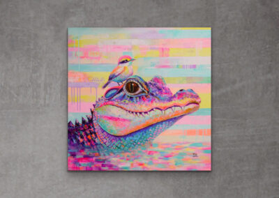 Acrylgemälde „TRUST – IT ALL BEGINS WITHIN“ – bunter Alligator mit Vogel, Symbol für Vertrauen, Mut und Lebensfreude.