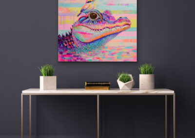 Acrylgemälde „TRUST – IT ALL BEGINS WITHIN“ – bunter Alligator mit Vogel, Symbol für Vertrauen, Mut und Lebensfreude.