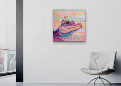Acrylgemälde „TRUST – IT ALL BEGINS WITHIN“ – bunter Alligator mit Vogel, Symbol für Vertrauen, Mut und Lebensfreude.