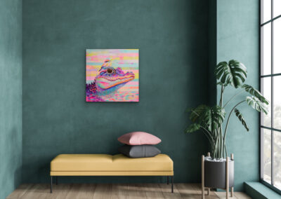 Acrylgemälde „TRUST – IT ALL BEGINS WITHIN“ – bunter Alligator mit Vogel, Symbol für Vertrauen, Mut und Lebensfreude.