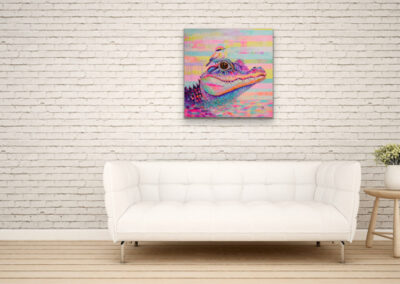 Acrylgemälde „TRUST – IT ALL BEGINS WITHIN“ – bunter Alligator mit Vogel, Symbol für Vertrauen, Mut und Lebensfreude.