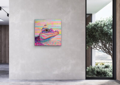 Acrylgemälde „TRUST – IT ALL BEGINS WITHIN“ – bunter Alligator mit Vogel, Symbol für Vertrauen, Mut und Lebensfreude.