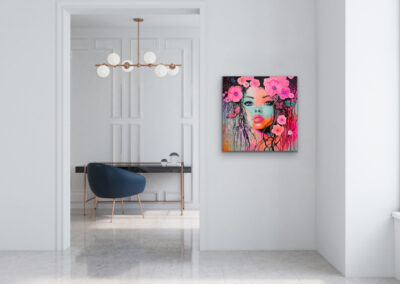 Mixed-Media-Gemälde „WHISPERS OF NATURE“ – Frauenporträt mit Blüten und Schmetterlingen, Symbol für Vertrauen, Natur und Wandel.