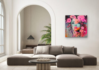 Mixed-Media-Gemälde „WHISPERS OF NATURE“ – Frauenporträt mit Blüten und Schmetterlingen, Symbol für Vertrauen, Natur und Wandel.