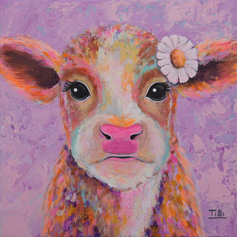 Alma: New Beginnings farbenfrohes Kuh Portrait in Bonbonfarben und Neonfarben Silke Timpe