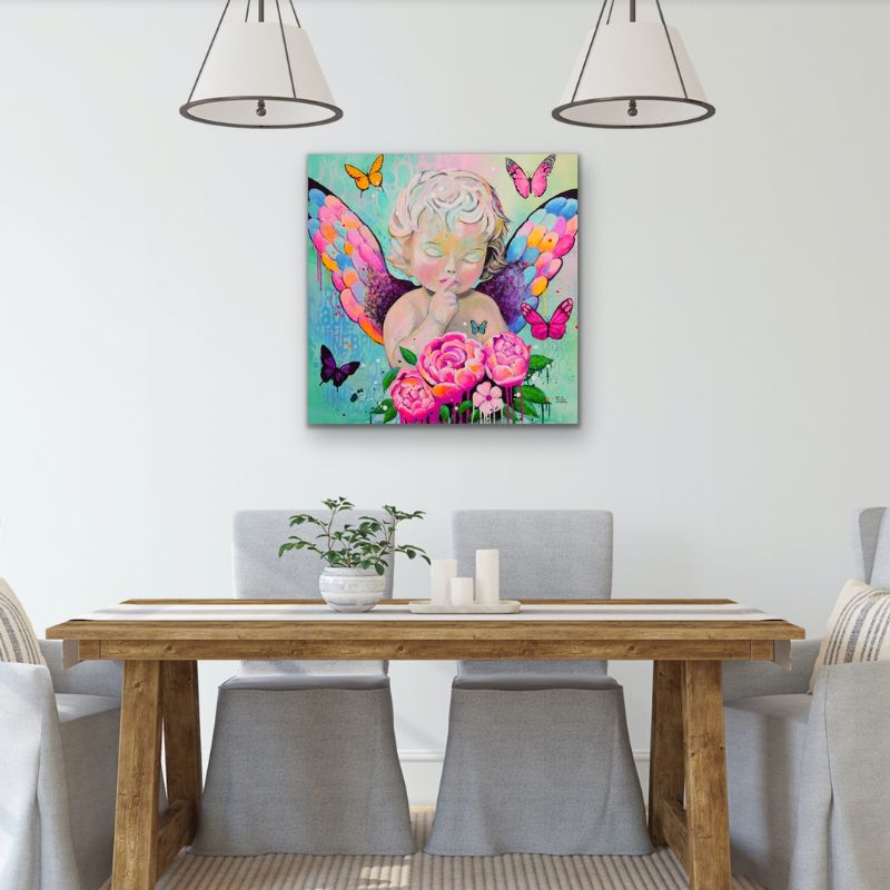 Farbenfrohes Engel Pop Art Kunstwerk mit floralem Bouqet in modernem Esszimmer Interior ©Silke Timpe - Happy Art