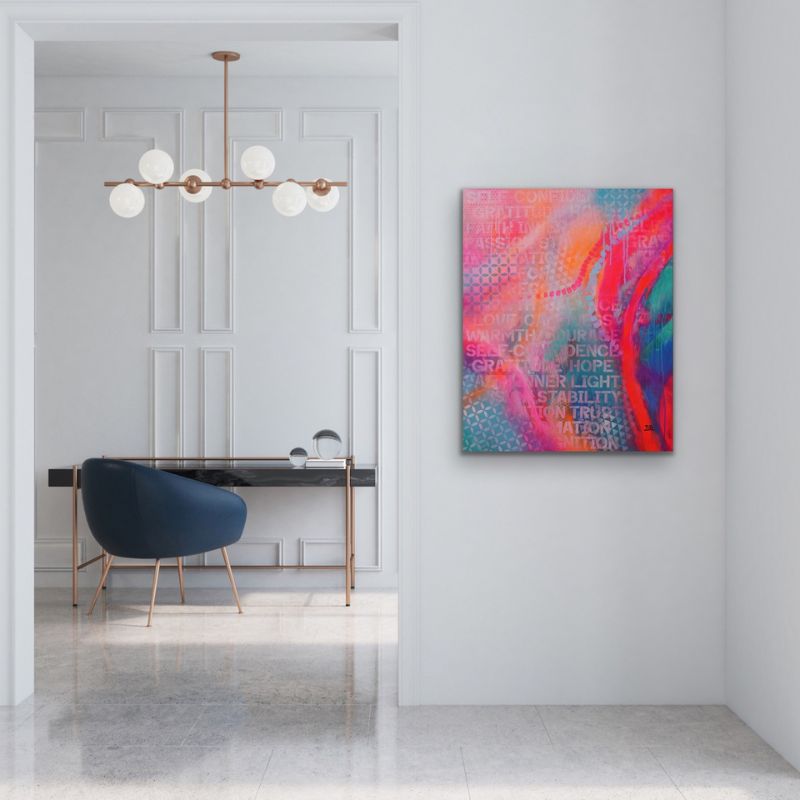 Electric Motion – Neon Abstract Art Abstraktes Neon Kunstwerk mit intensiven Pink- und Türkistönen in modernem Designer-Interior ©Silke Timpe - Happy Art