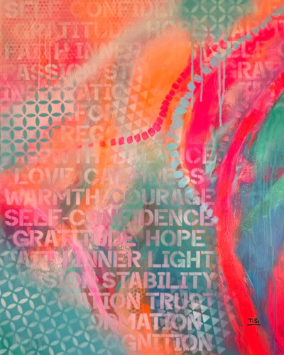 Mixed-Media-Gemälde „ROOTED WITHIN“ – modernes, farbintensives Kunstwerk mit Neon- und Pastelltönen, Symbol für Energie und Selbstvertrauen.