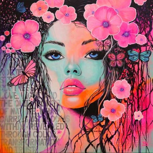 Mixed-Media-Gemälde von Silke Timpe in Pink-, Korallen- und Türkistönen – inspiriert von den stillen Stimmen der Natur.